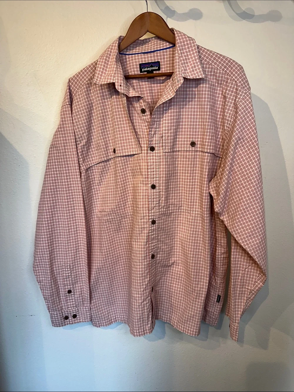 Patagonia Pink and White Check Long-Sleeve Button Shirt